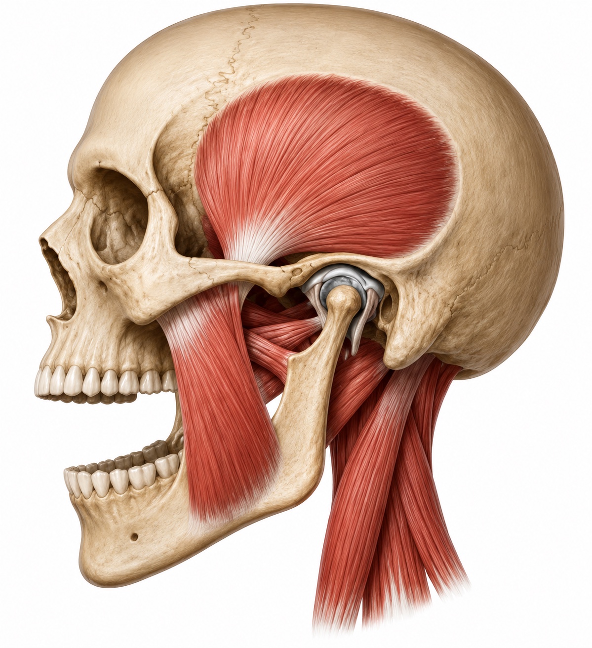 Lateral view of the human skull showing the muscles of the jaw: temporalis, masseter, medial and lateral pterygoid, and the sternocleidomastoid of the neck.