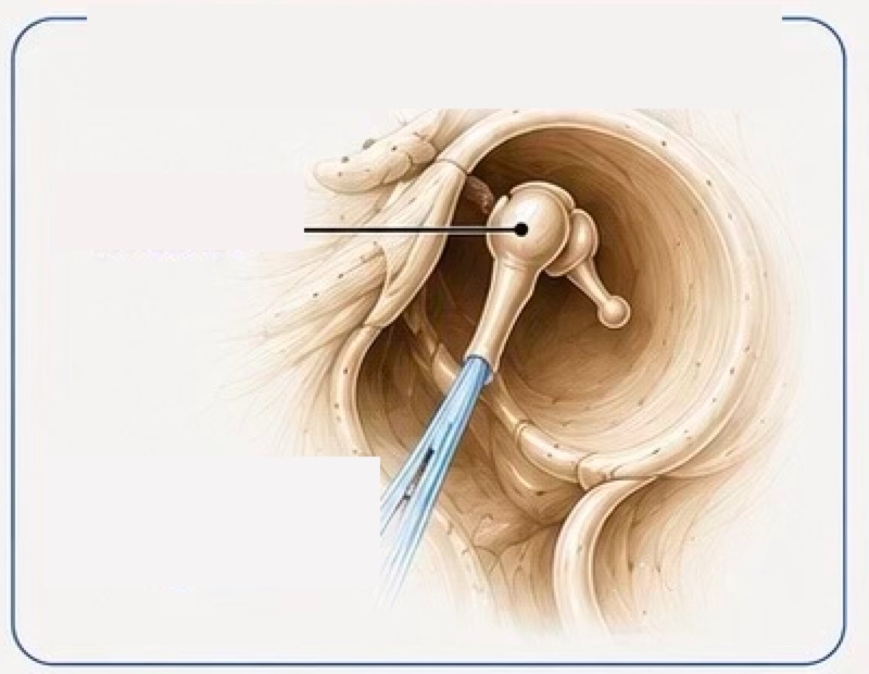 Medial view of the middle ear showing the malleus and the discomalleolar ligament running toward it.